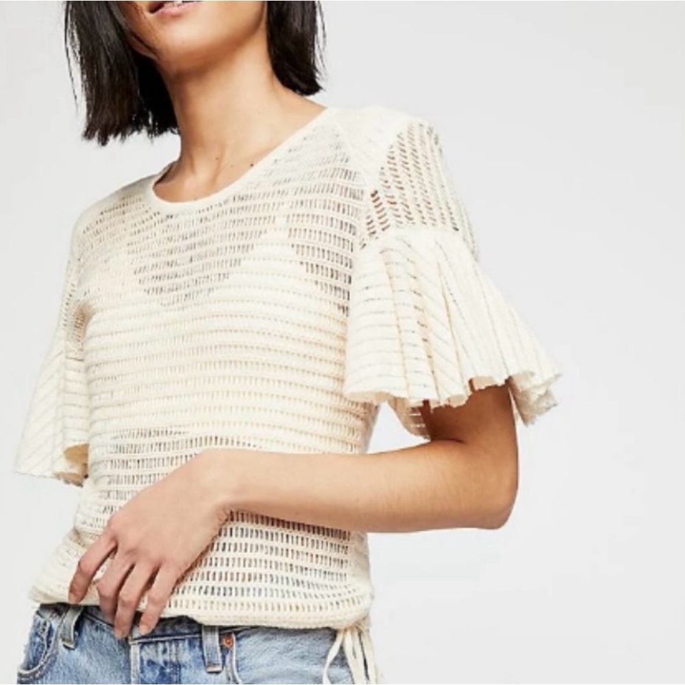 Free People Cream Crochet Knit Ruffle Sleeve Top